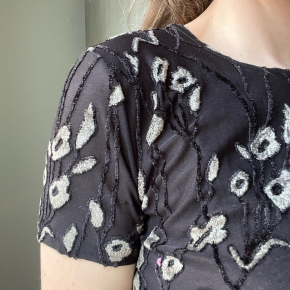 Vintage 90s Black Burnout Floral Top | Sheer Velvet Short Sleeve | M - Picture 2 of 7